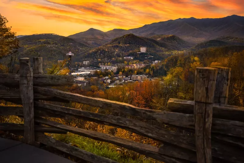 view of downtown Gatlinburg in fall at sunset