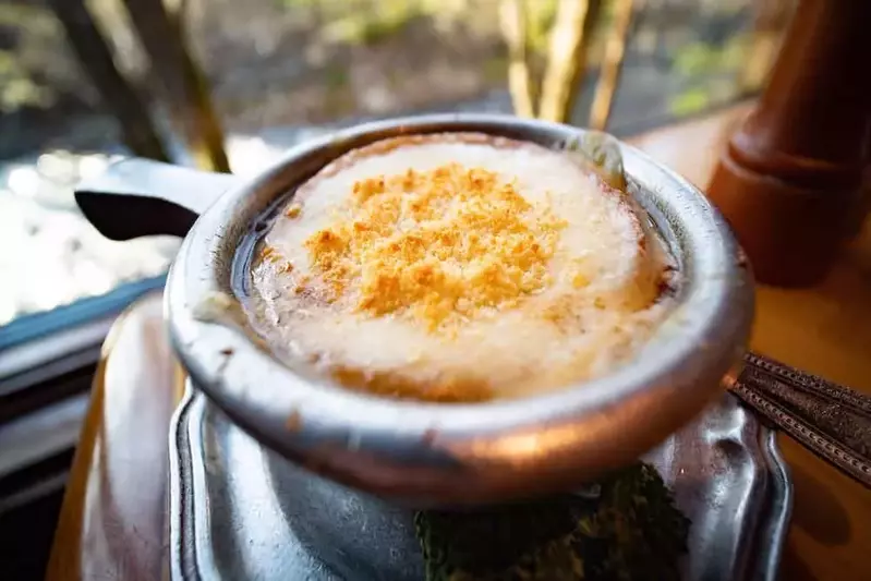 French onion soup at The Peddler Steakhouse