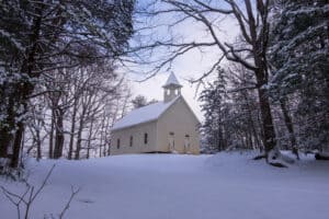 snow in front of the Primitive Baptist Church in Cades Cove 
